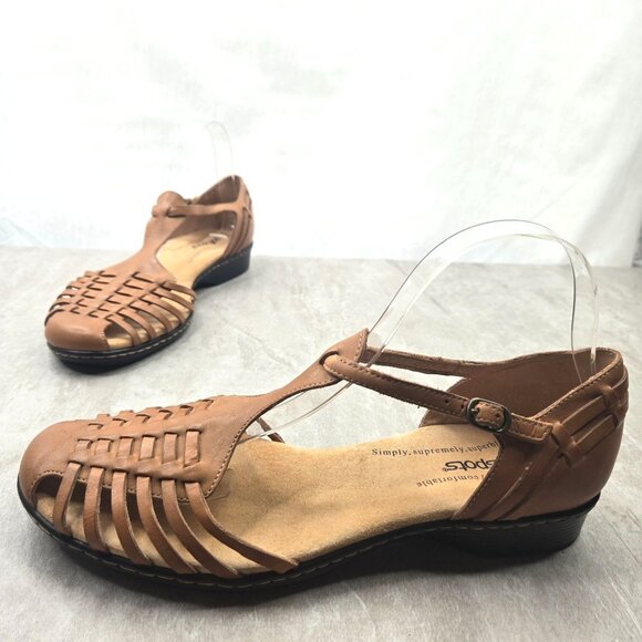 Softspots Huarache Flat 9.5 Wide Fit Brown Woven Strappy Comfort Boho Sandals - Picture 1 of 12